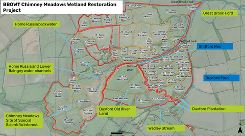 Annotated map of Chimney Meadows Nature Reserve and Duxford Old River, showing the areas the project will focus on 