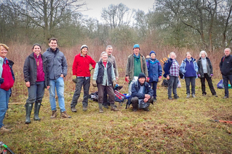 Some of the volunteers who help manage BBOWT's Dancersend reserve near Tring, including 2021 Lifetime Achievement Award winner Judi Fisher (centre in blue jacket and red T-shirt).