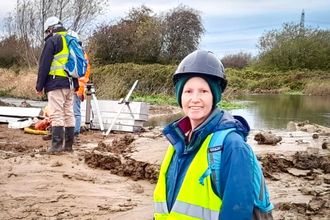 BBOWT Living Landscape Manager for the Upper Thames Lisa Lane at the construction of the new fish bypass channel at Chimney Meadows. 