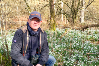 Jon Mason, aka TheEarlyBirder, with the snowdrops at BBOWT's Warburg Nature Reserve near Henley