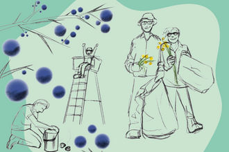 Illustrations of volunteers, pouring coffee, holding sacks and flowers, and cheering from a high seat. Sloe berries are in the foreground.