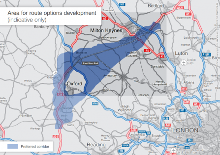 Map showing route of the Corridor B option for an Oxford-Cambridge Expressway - an original part of the government's plans for the Oxford-Cambridge Arc of development. Source: Highways England