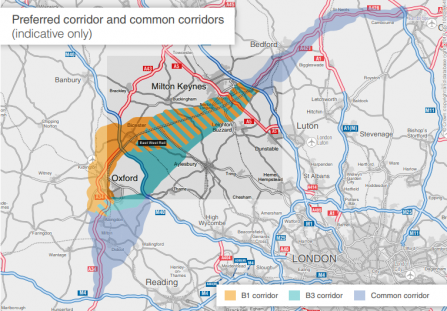A map showing the B1 and B3 corridor options for an Oxford-Cambridge Expressway - an original part of the government's plans for the Oxford-Cambridge Arc of development. Source: Highways England