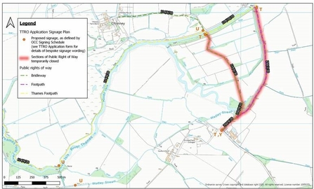 Map showing temporary closure of Rights of Way for Chimney Meadows Wetland Restoration Project June 2021