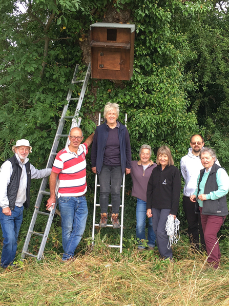 Members of the Hagbournes and Upton Group for Sustainability (HUGS) putting up an owl nest box. Left-to-right: David Rickeard, Crispin Topping, Lu Barton, Kay Hardie, Felicity Topping, Richard Kimber and Cynthia Napper. Picture: Caroline Hunt