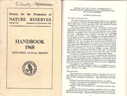The Society for the Promotion of Nature Reserves (SPNR) 1968 handbook, including an article by Miriam Rotshchild on her new management plan for Dancersend Nature Reserve, then owned by the SPNR. Picture: Mick Jones