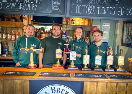 From left: David Sheffield from BBOWT, Huw Davies from Vale Brewery near Ludgershall, and Victoria Bentiba and Rob Cooke from BBOWT at the launch of Vale Brewery's Brock's Den beer in October 2022.