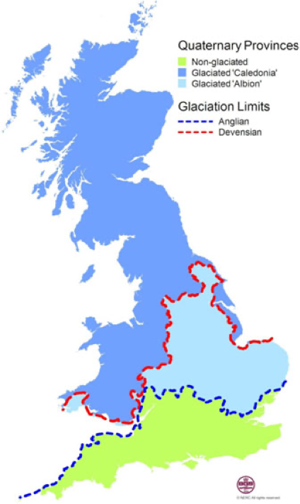 Map of Great Britain showing ice sheet coverage during the Anglian period (450,000 years ago) and Devensian (25,000 years ago)