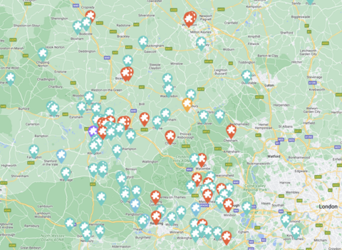 Team Wilder map showing actions for wildlife in Berkshire, Buckinghamshire and Oxfordshire