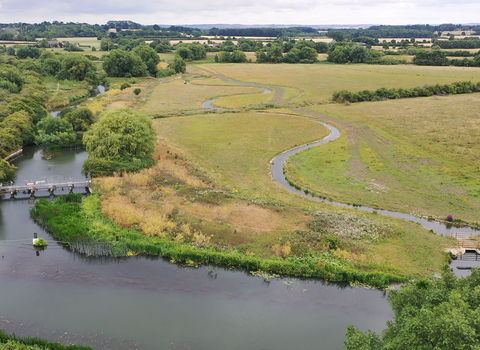 Aerial view of the fish bypass channel at Chimney Meadows Nature Reserve