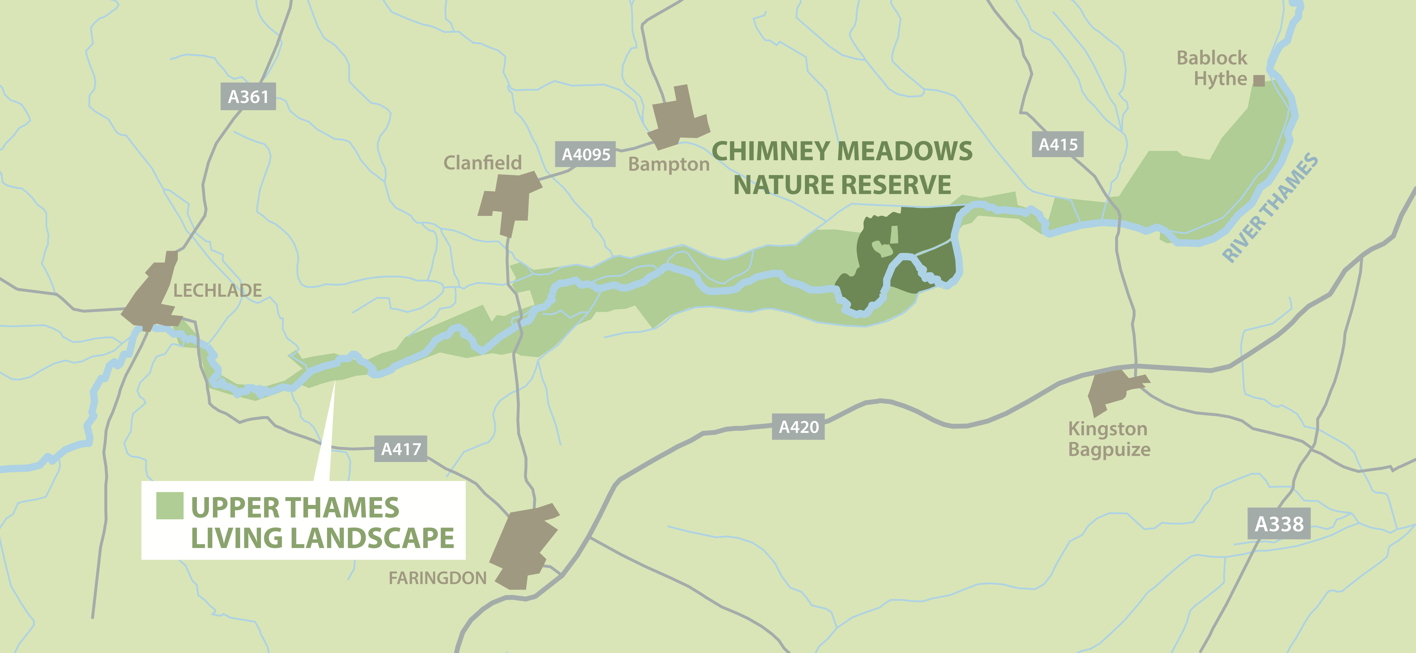 A map of the Upper Thames Living Landscape including Chimney Meadows Nature Reserve