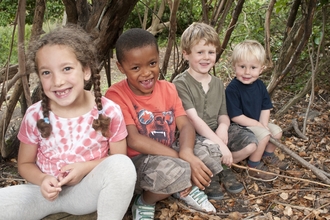 Children sat on a log