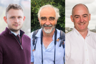 BBOWT's new chair as of October 2021, George Levvy (centre), with new trustees Miles Evans (left) and Andrew 'Drew' Bennellick (right).