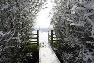 Looking through a gate onto a snow covered field