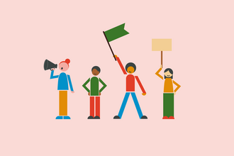 Graphic illustration of four people - one is holding a megaphone and two are holding signs, as if they are trying to communicate something