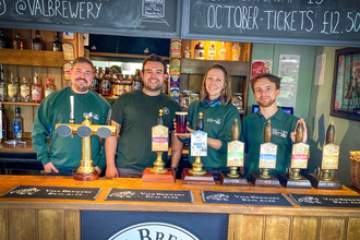 From left: David Sheffield from BBOWT, Huw Davies from Vale Brewery near Ludgershall, and Victoria Bentiba and Rob Cooke from BBOWT at the launch of Vale Brewery's Brock's Den beer in October 2022.