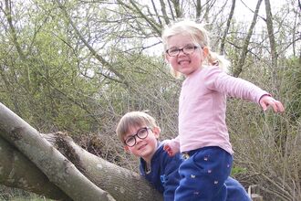 Two children playing on a fallen log
