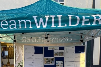 Photographic image of a BBOWT Team Wilder gazebo, with information boards on a table beneath.
