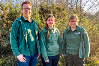 BBOWT's 2023 seasonal wardens for Greenham & Snelsmore commons: Richard Tilley, Zoe Burfitt and Amanda Wilkinson