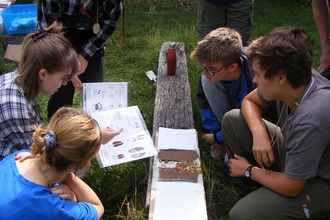 a group of teenagers look at footprints and a key