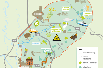 A map showing the threats and opportunities for nature and people in the Bernwood, Otmoor and Ray landscape.