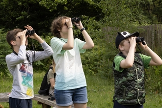 Three teenagers in a meadow. The person on the left is wearing a long sleeved grey t-shirt and blue jeans. He has short hair and is wearing glasses. The middle person is wearing denim shorts and a tie-dye t-shirt and has short, wavy hair. The third person on the right is wearing a green t-shirt and a camouflage gilet, a cap and jeans. All are using binoculars and looking up to the right. 