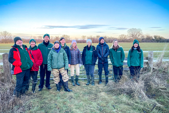 Staff and volunteers at the annual brown hairstreak butterfly egg count at Leaches Farm in January 2024