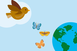 Graphic illustration of a bird and butterflies flying against a blue sky to promote The Wildlife Trusts 30 Days Wild event