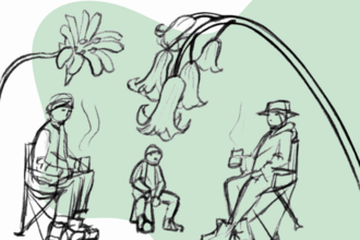 Illustrations of volunteers sat in chairs underneath wild flowers