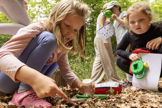 A close-up image of children looking at bugs on a leaf-littered floor. In the background more children are visible using a magnifying glass and a species spotter sheet.