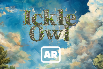 Text that says Ickle Owl constructed from drawings of plants, with a cloudy sky as the background