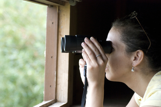 woman with binoculars in birdhide