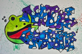 Graffiti-style drawing of a frog face, with graffiti-style text to the right that reads 'Nature Graffiti'