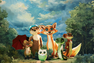 a cartoon frog, stoat, owl, fox and snake