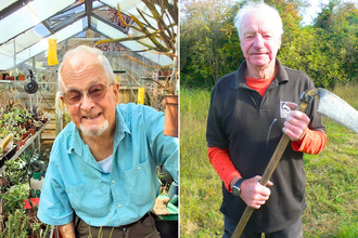 Two photos of men smiling at the camera: one in a greenhouse, holding up a potted plant; the other holding a scythe in an outdoor wooded location.