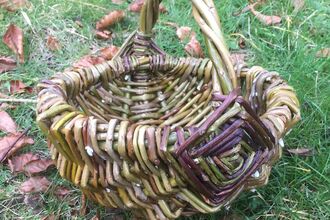 a weaved basket on grass amongst dry leaves