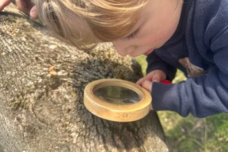 a young boy looking at a log through a magnifying glass