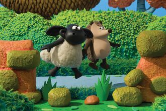 An animated sheep and hedgehog walking together in a garden