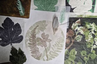 Image of a collage showing collected works of gel plate printed art. Art depicts pressed flowers, leaves, and fern fronds.