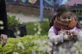 A small girl is looking at colourful flowers in her hands and smiling