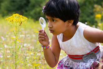Girl looking at caterpillar