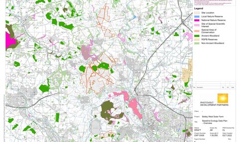 Map showing the proposed site of Botley West Solar Farm in relation to ancient woodland