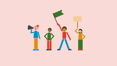 Graphic illustration of four people - one is holding a megaphone and two are holding signs, as if they are trying to communicate something