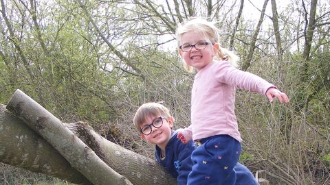 Two children playing on a fallen log