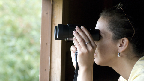 woman with binoculars in birdhide