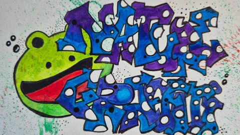 Graffiti-style drawing of a frog face, with graffiti-style text to the right that reads 'Nature Graffiti'