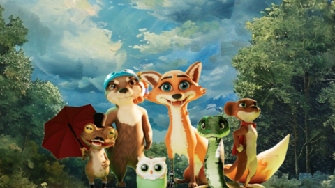 a cartoon frog, stoat, owl, fox and snake