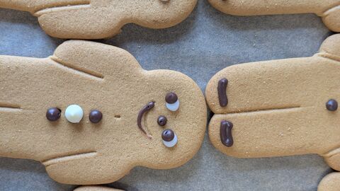 Close-up image of a tray of gingerbread-people biscuits with piped icing decorations