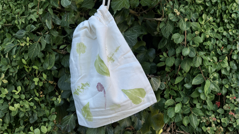 Drawstring Bag with leaves pressed