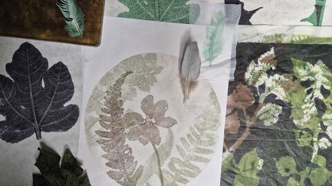 Image of a collage showing collected works of gel plate printed art. Art depicts pressed flowers, leaves, and fern fronds.